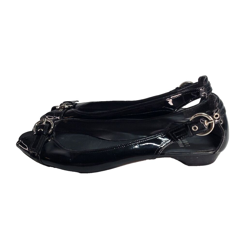 stuart weitzman Chit Chat Patent Leather Flats 8.5 Black Sling Back Peep Toe - Picture 3 of 14